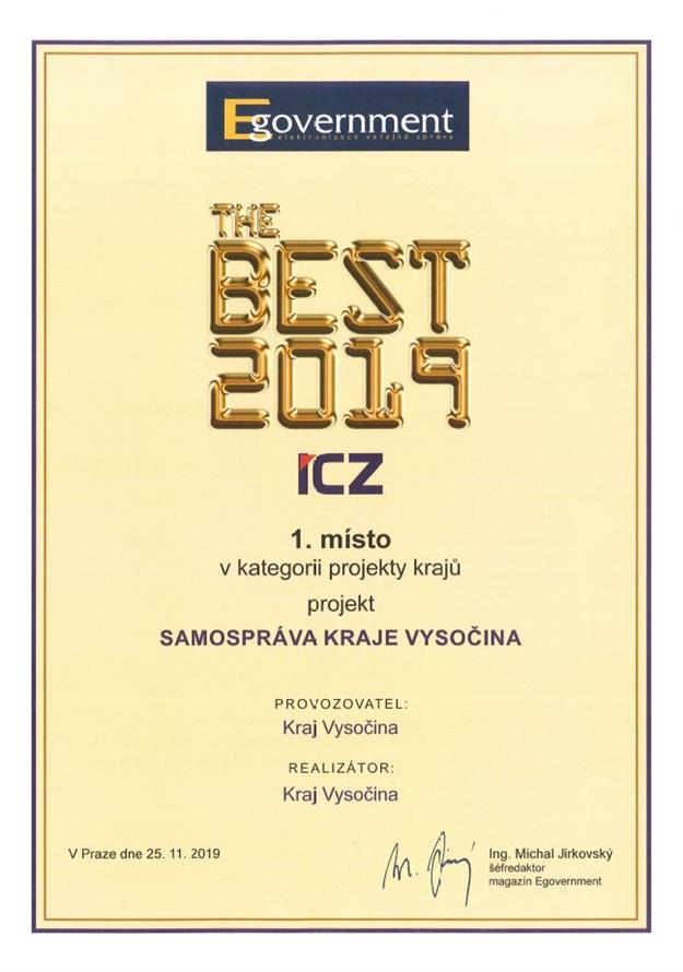 Egovernment THE BEST - 1. místo v kategorii projekty krajů za projekt Samospráva Kraje Vysočina