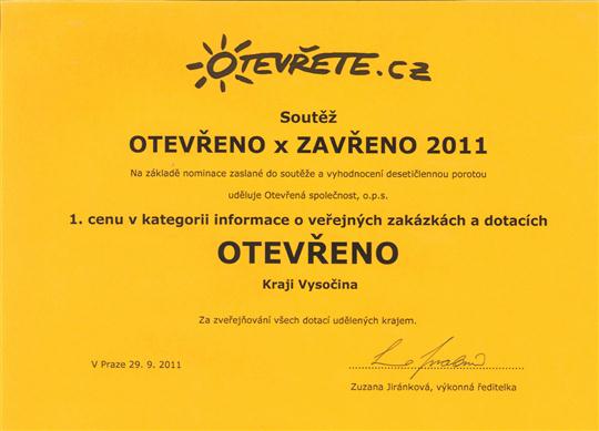 1. cena OTEVŘENO 2011 v kategorii informace o veřejných zakázkách a dotacích