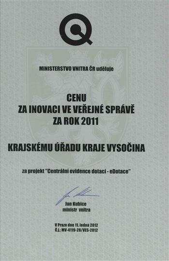 Cena Ministerstva vnitra za inovaci ve veřejné správě za rok 2011