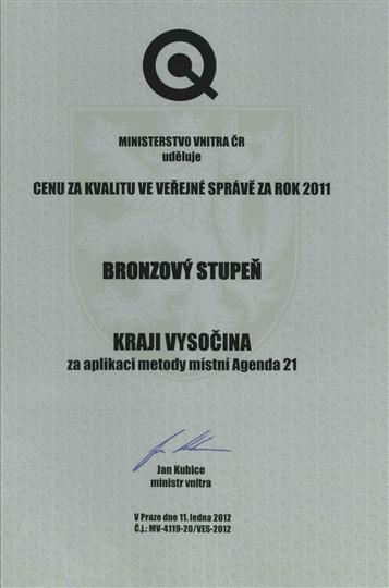 Cena Ministerstva vnitra za kvalitu ve veřejné správě za rok 2011 - bronzový stupeň za aplikaci metody místní Agenda 21