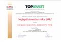 Nejlepší investice roku 2012 stavbě Pavilon urgentní a intenzivní péče v soutěži Top Invest (výsledky soutěže prezentovány na IBF v Brně dne 23. dubna 2013)